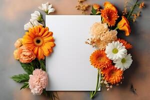 Blank greeting card mockup on concrete background with garden flowers. Summer flat lay composition. Top view with copy space. AI generated. photo