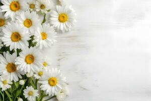 Daisy flowers on white wooden background, summer chamomile flat lay. Valentine's, womens, mothers day, birthday or wedding concept. Top view. Copy space. Generated AI. photo