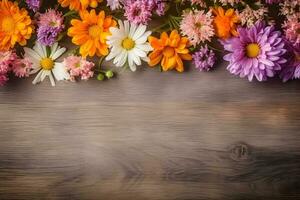 Summer garden flowers on wooden background, flat lay composition. Valentine's, womens, mothers day, birthday or wedding concept. Top view. Copy space. Generated AI. photo