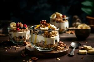 Yogurt granola parfait with sliced nuts, fresh banana fruits and berries in a glass jar on dark background. Generative AI. photo
