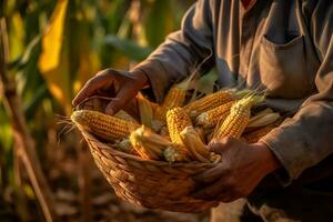 Close up of farmer male hands holding basket with corn in the cob. Organic food, harvesting and farming concept. Generated AI. photo