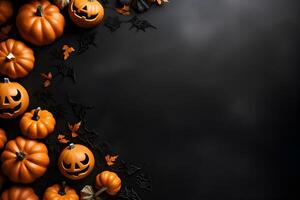 Happy halloween flat lay mockup with pumpkins and spider web on black background. Autumn holiday concept composition. Top view with copy space. . photo