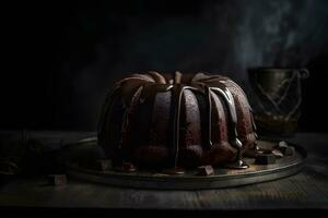 Delicious chocolate bundt cake topped dessert with ganache glaze on dark background. Ai generated. photo