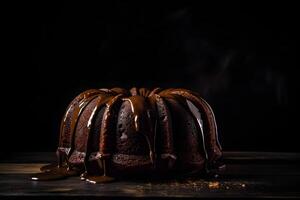 Delicious chocolate bundt cake topped dessert with ganache glaze on dark background with copy space. . photo