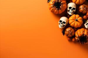 Happy halloween flat lay mockup with pumpkins and skulls on orange background. Autumn holiday concept composition. Top view with copy space. Generated AI. photo