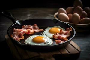 Traditional english breakfast with fried eggs and bacon in cast iron pan on dark wooden background. Top view. AI generated. photo