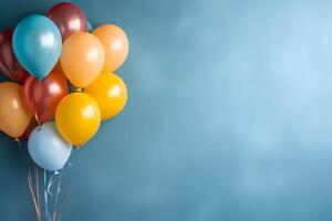 Colorful balloons bunch tied on a blue wall background with copy space. Birthday, wedding, party or celebration concept. Generated AI. photo