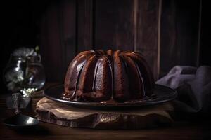 Delicious chocolate bundt cake topped dessert with ganache glaze on dark background. . photo