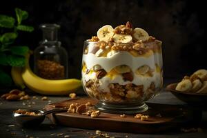 Yogurt granola parfait with sliced nuts and fresh banana fruits in a glass jar on dark background. Generative AI. photo