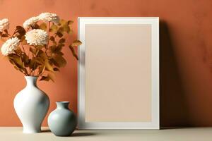 Frame poster mockup, scandinavian style interior with summer flowers in a vase and home decoration on empty neutral pastel terracotta wall background. Generated AI. photo