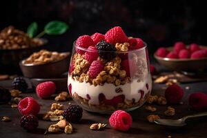 Yogurt granola parfait with sliced nuts, fresh raspberry and blackberry in a glass jar on dark background. . photo
