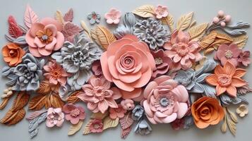 Pink and Rosegold 3D flower papercut wallpaper, Classic home decoration, 3D paper cut background, Ai generative photo