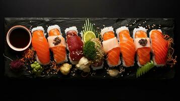 Salmon sushi on a table with a modern concept, generated by AI photo