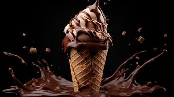 Ice cream chocolate with cone and swirl splash, generated by AI photo