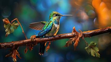 colibrí encaramado en un árbol rama, generado por ai foto