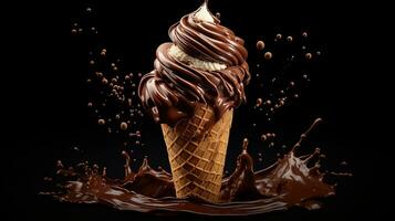 Ice cream chocolate with cone and swirl splash, generated by AI photo