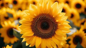 de cerca de un girasol en un girasol campo, generado por ai foto