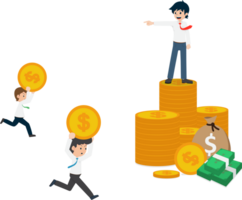 Salary Man Standing on a pile of money and someone working to make money for him png