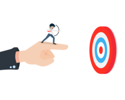 Salary Man Stand and holding a bow on the giant hand pointing to the target. If there is someone guiding well, then the goal will be clearly seen. png