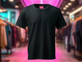 black plain t-shirt mockup template front view, with clothing store background, generative ai photo