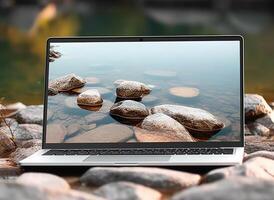 laptop mockup template with display screen with nature wallpaper, generative ai photo