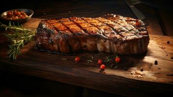 Grilled sirloin steak on a rustic wood table, generated by AI photo