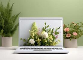 laptop mockup template with display screen with nature wallpaper, generative ai photo