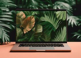 laptop mockup template with display screen with nature wallpaper, generative ai photo