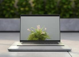 laptop mockup template with display screen with nature wallpaper, generative ai photo