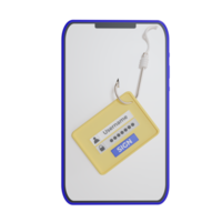 3d icons of smartphone, fishing hook, and board included. concept photo illustration of data theft or phishing while logging in on a website png