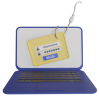 3d icon of laptop, fishing hook, envelope and login board. concept photo illustration Internet phishing, hacked login and password. Netwrok and internet security png