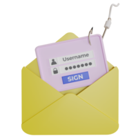 3d icon of envelope, login board and hook. Login into account concept in email envelope and fishing hook. Internet phishing, hacked logins and passwords. Network and internet security. png