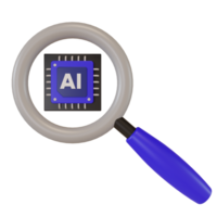 3d render AI artificial intelligence chip icon and magnifying glass icon illustration for website, application, printing, document, poster design. concept of searching using AI prompts png