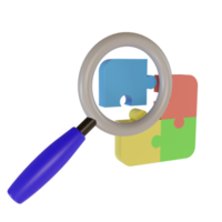 3d render magnifying glass and jigsaw icon. the concept of finding solutions to problems with the team png