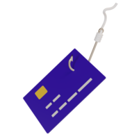 3d render of fishing hook and cash card icon. concept photo illustration of phishing crimes that can steal the contents of balances at banks or credit cards png