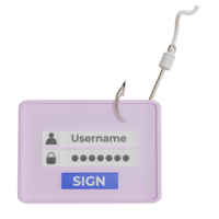 3d framställa ikon krok. nätfiske begrepp. hacker stjäla logga in, konto, Användarnamn och Lösenord information med en fiske krok. png