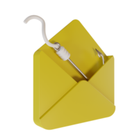 3d render do envelope e pescaria gancho ícone. conceito foto para ilustração do phishing o email ou mensagem png