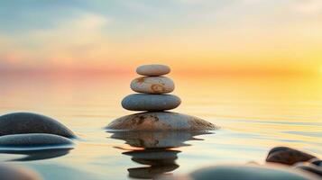 Balanced Zen stones on the beach, generated by AI photo