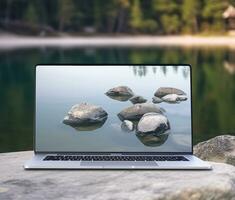 laptop mockup template with display screen with nature wallpaper, generative ai photo