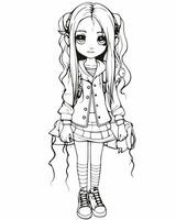 a girl with long hair and a jacket is standing in the coloring page vector