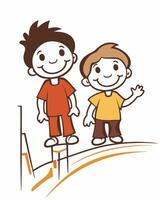 two boys standing on a ladder, one pointing to the sky vector