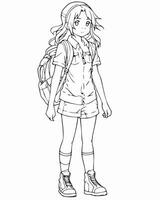 anime girl with backpack coloring page vector