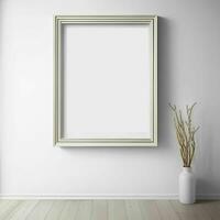 Minimalistic White Empty frame on wall of living room interior mockup, Blank wall picture frame mockup, minimalistic empty frame for product presentation, blank picture frame template photo