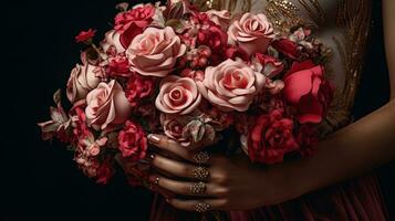 Beautiful bouquet of roses with holding hands for a special moment with love, generated by AI photo