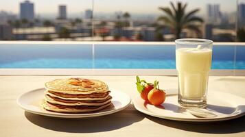 Photo of breakfast with pancakes and fruit, generated by AI