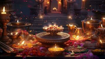 Diwali celebration background with candles and flower petals, generated by AI photo