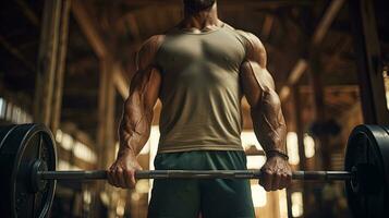 a muscular man doing weightlifting in a gym, generated by AI photo