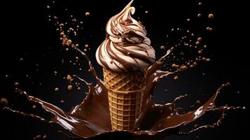 Ice cream chocolate with cone and swirl splash, generated by AI photo