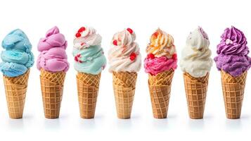 Set of colorful ice cream cones on a white background, generated by AI photo
