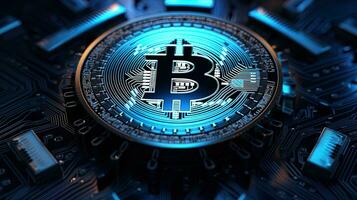 Cryptocurrency Bitcoin with a blue background in the center, generated by AI photo